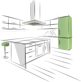 Green and white color kitchen illustration