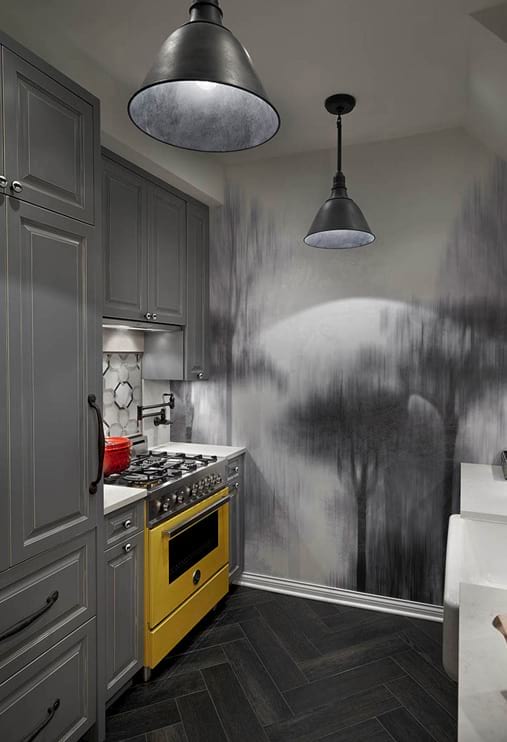 Elegant grey kitchen design with bright yellow stove and wall decor project photo  in Chicago