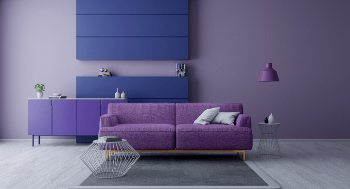 Modern and minimalist interior of living room, Ultraviolet home decor concept
