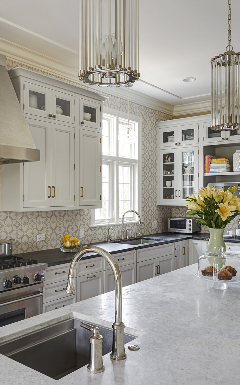 Kitchen design using traditional style with luxury white kitchen cabinet and narrow kitchen island in Winnetka