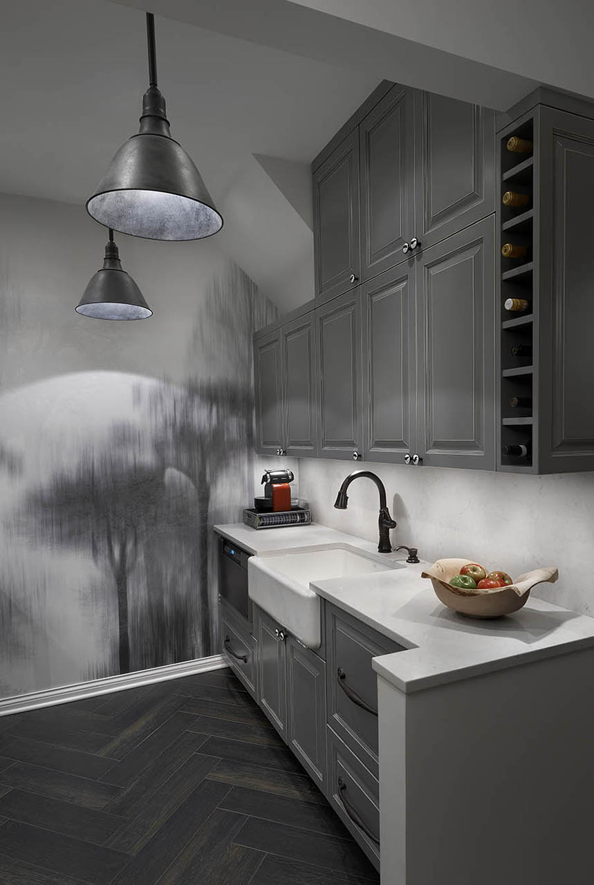 Modern grey kitchen design with unique wall decoration in Chicago