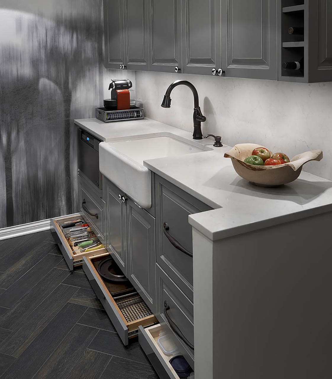 Stylish grey kitchen cabinet with modern sink design in Chicago