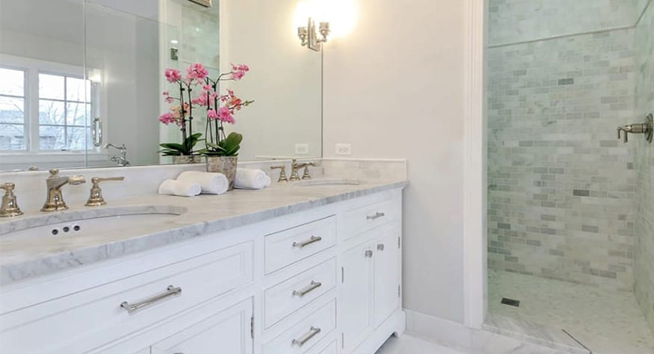 Luxury, white, grey, carrera marble bathroom design in Wilmette
