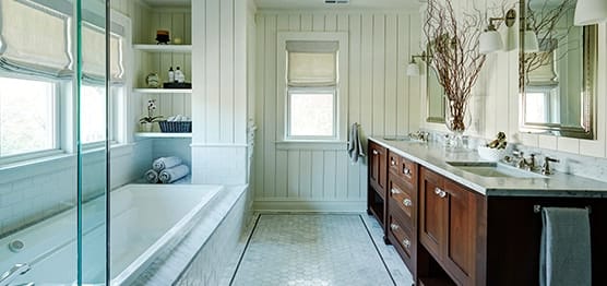 Light minimalist contemporary bathroom design with brown color cabinet in Oak Park