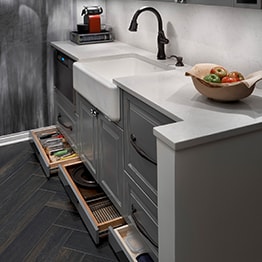 Stylish grey kitchen cabinet with modern sink design in Chicago
