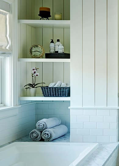 Light minimalist contemporary bathroom design with brown color cabinet in Oak Park