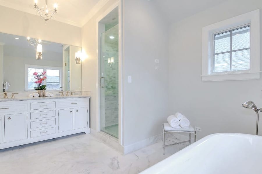 Serene grey, white and carrera marble master bathroom project in Wilmette