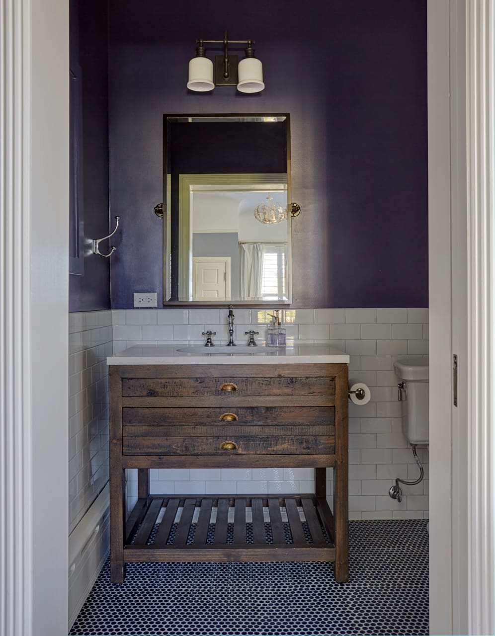 Small bathroom remodeling, minimalistic design and dark wall