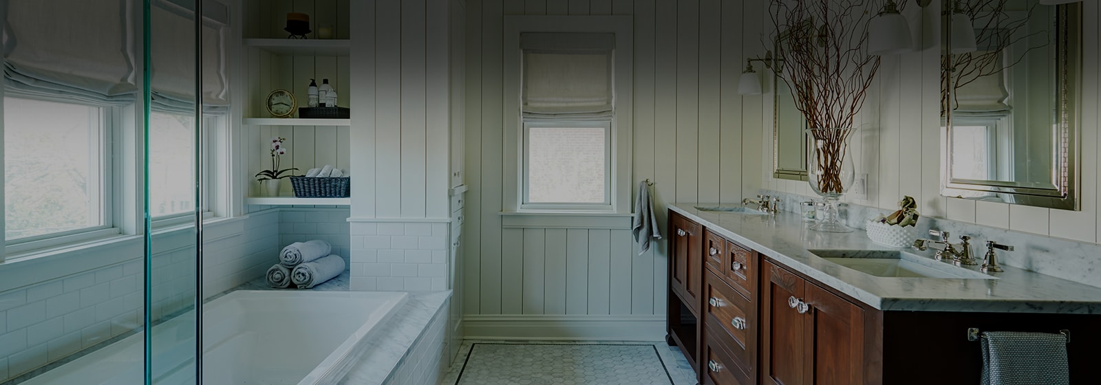 Light minimalist contemporary bathroom design with brown color cabinet in Oak Park